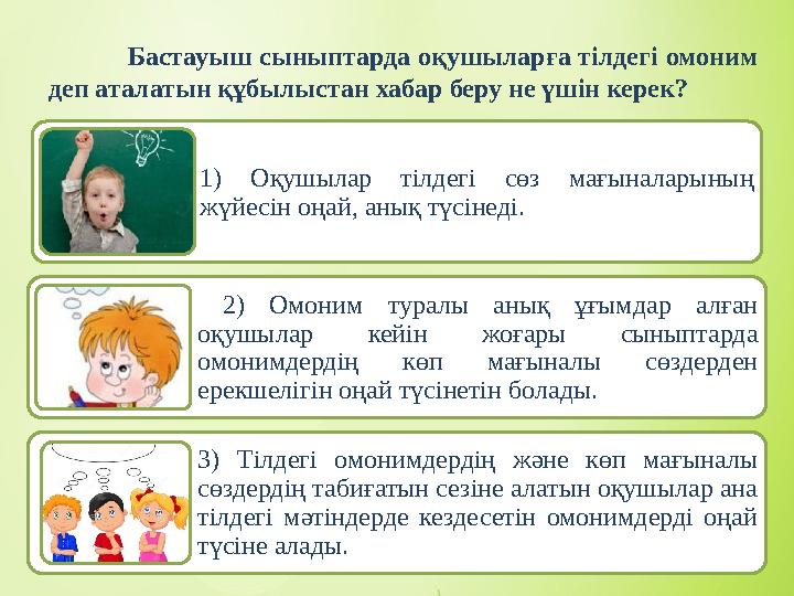 Бастауыш сыныптарда оқушыларға тілдегі омоним деп аталатын құбылыстан хабар беру не үшін керек? 1) Оқушылар тілдегі сөз мағ