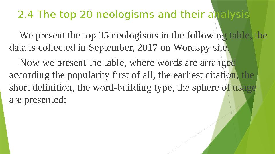 2.4 The top 20 neologisms and their analysis We present the top 35 neologisms in the following table, the data is collected in