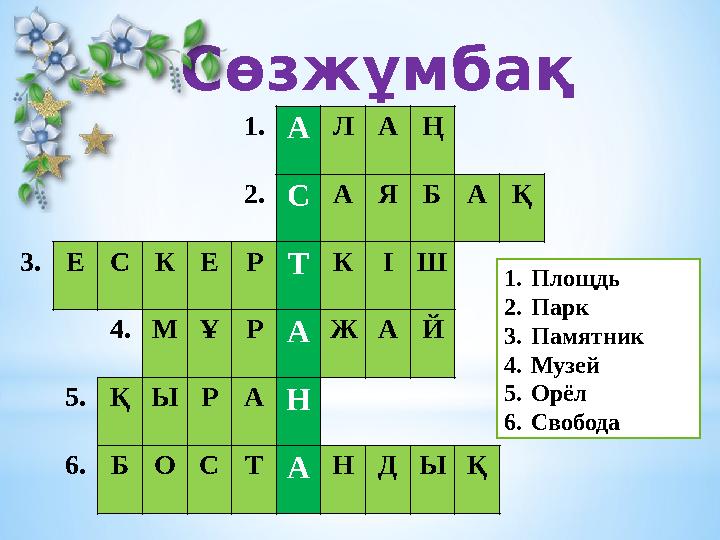 Сөзжұмбақ 1.АЛАҢ 2.САЯБАҚ 3.ЕСКЕРТКІШ 4.МҰРАЖАЙ 5.ҚЫРАН 6.БОСТАНДЫҚ 1.Площдь 2.Парк 3.Памятник 4.Музей 5.Орёл 6.Свобода
