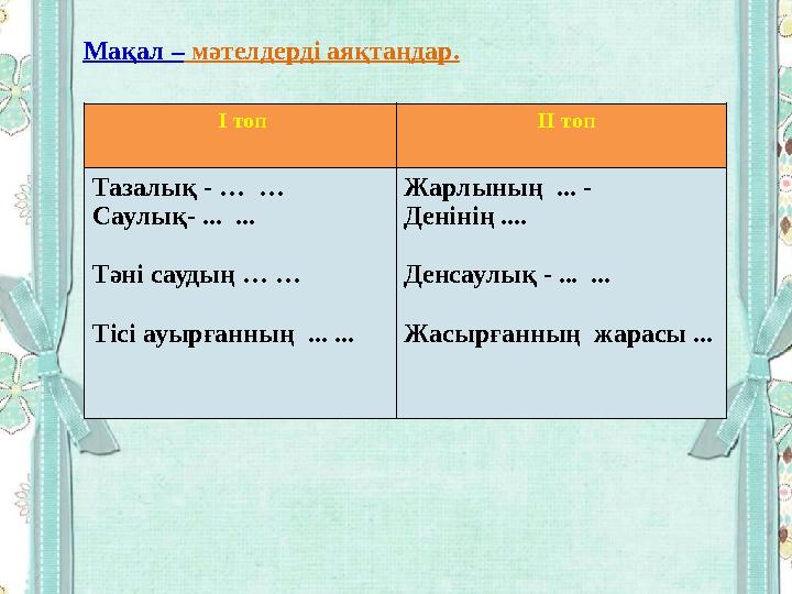 I топ II топ Тазалық - … … Саулық- ... ... Тәні саудың … … Тісі ауырғанның ... ... Жарлының ... - Денін