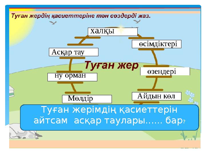 халқы Асқар тау өсімдіктері ну орман өзендері Мөлдір бұлақ Айдын көл Туған жерімдің қасиеттерін айтсам асқар таулары..