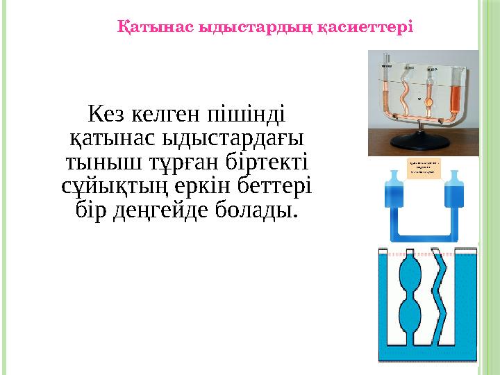 Кез келген пішінді қатынас ыдыстардағы тыныш тұрған біртекті сұйықтың еркін беттері бір деңгейде болады. Қатынас ыдыстардың