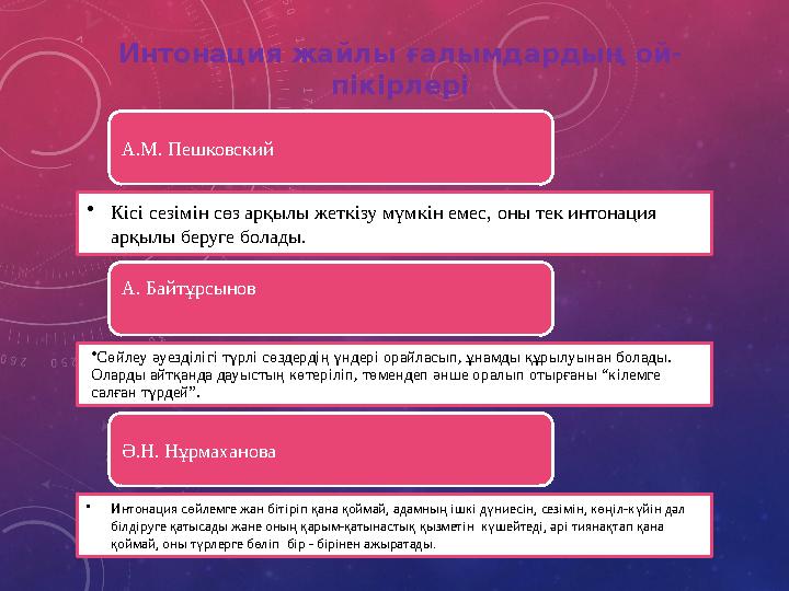 Интонация жайлы ғалымдардың ой- пікірлері А.М. Пешковский •Кісі сезімін сөз арқылы жеткізу мүмкін емес, оны тек интонация арқыл