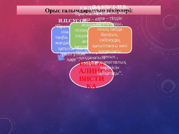 Орыс ғалымдарының пікірлері: ПРАГМ АЛИНГ ВИСТИ КА И.П.СУСОВ: “Прагмалингвист ика – тілдік таңба. Бұл нақты жағдайда қарым- қа