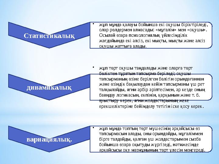 Статистикалық • жұп мұнда қалауы бойынша екі оқушы біріктіріледі, олар рөлдермен алмасады: «мұғалім» мен «оқушы». Осылай өзара