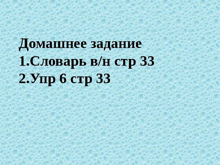 Домашнее задание 1. Словарь в/н стр 33 2. Упр 6 стр 33