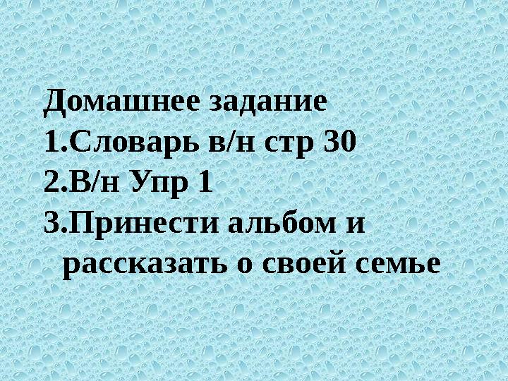 Домашнее задание 1. Словарь в/н стр 30 2. В/н Упр 1 3. Принести альбом и рассказать о своей семье