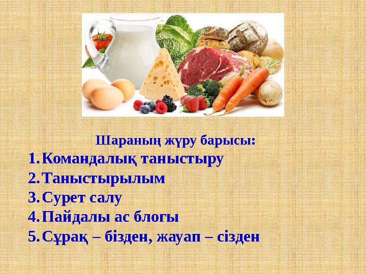 Шараның жүру барысы: 1. Командалық таныстыру 2. Таныстырылым 3. Сурет салу 4. Пайдалы ас блогы 5. Сұрақ – бізден, жауап – сізден