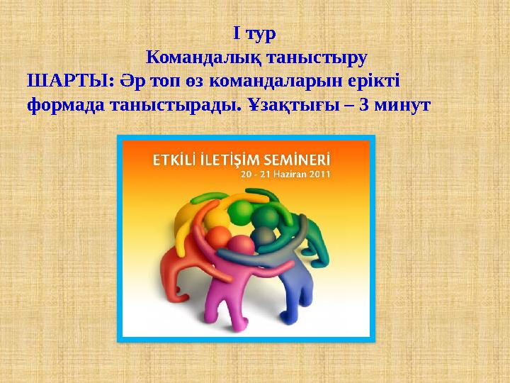 І тур Командалық таныстыру ШАРТЫ: Әр топ өз командаларын ерікті формада таныстырады. Ұзақтығы – 3 минут