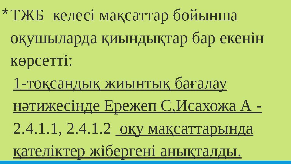 *ТЖБ келесі мақсаттар бойынша оқушыларда қиындықтар бар екенін көрсетті: 1-тоқсандық жиынтық бағалау нәтижесінде Ережеп С,Ис