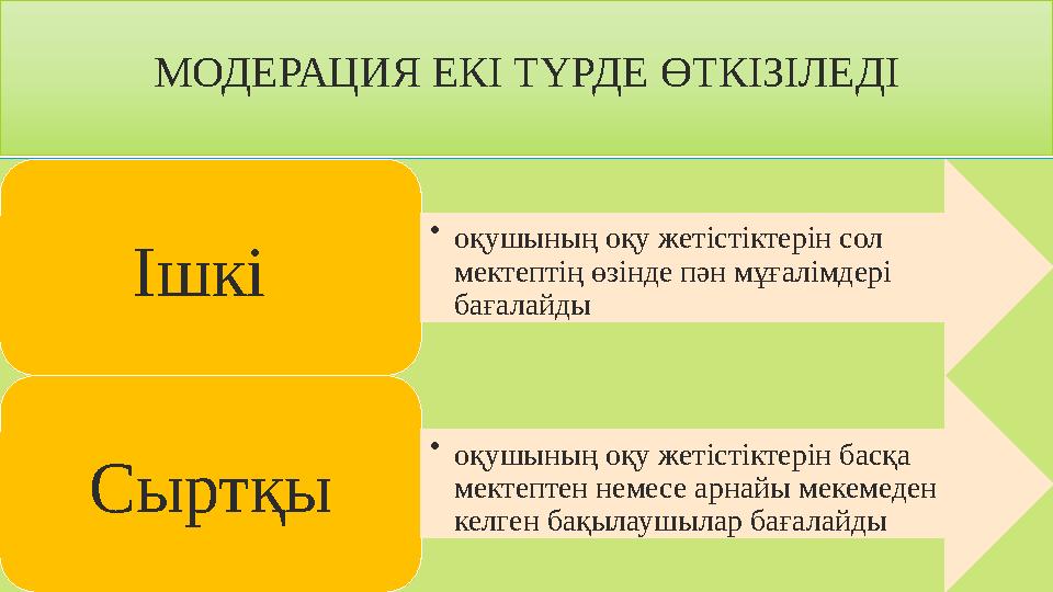 МОДЕРАЦИЯ ЕКІ ТҮРДЕ ӨТКІЗІЛЕДІ Ішкі • оқушының оқу жетістіктерін сол мектептің өзінде пән мұғалімдері бағалайды Сыртқы • оқуш