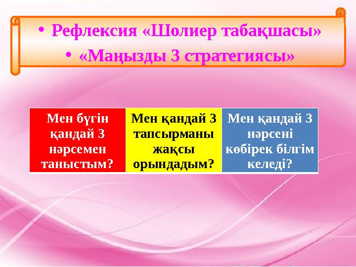 • Рефлексия «Шолиер табақшасы» • «Маңызды 3 стратегиясы» Мен бүгін қандай 3 нәрсемен таныстым? Мен қандай 3 тапсырманы жақс