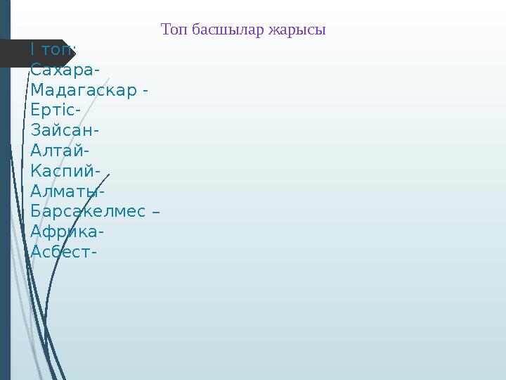 Топ басшылар жарысы І топ: Сахара- Мадагаскар - Ертіс- Зайсан- Алтай- Каспий- Алматы