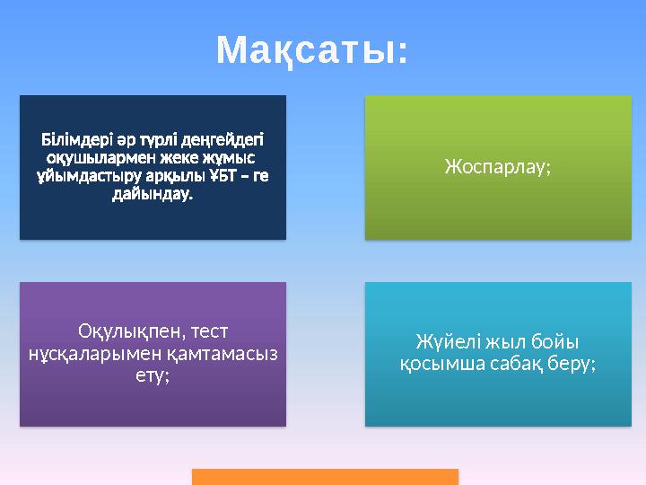 Мақсаты: Білімдері әр түрлі деңгейдегі оқушылармен жеке жұмыс ұйымдастыру арқылы ҰБТ – ге дайындау. Жоспарлау; Оқулықпен, те