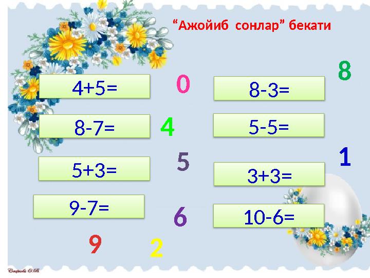 “ Ажойиб сонлар” бекати 4+5 = 8-7 = 5+3 = 9-7 = 10-6 =8-3 = 5-5 = 3+3 = 9 1 8 2 50 64