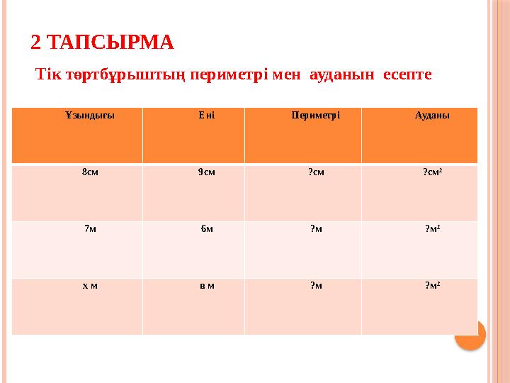 2 ТАПСЫРМА Тік төртбұрыштың периметрі мен ауданын есепте Ұзындығы Ені Периметрі Ауданы 8см 9см ?см ?см 2 7м 6м ?м ?м 2 х