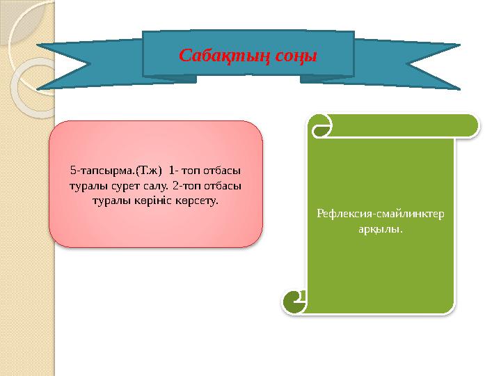 Сабақтың соңы 5-тапсырма.(Т.ж) 1- топ отбасы туралы сурет салу. 2-топ отбасы туралы көрініс көрсету. Рефлексия-смайли