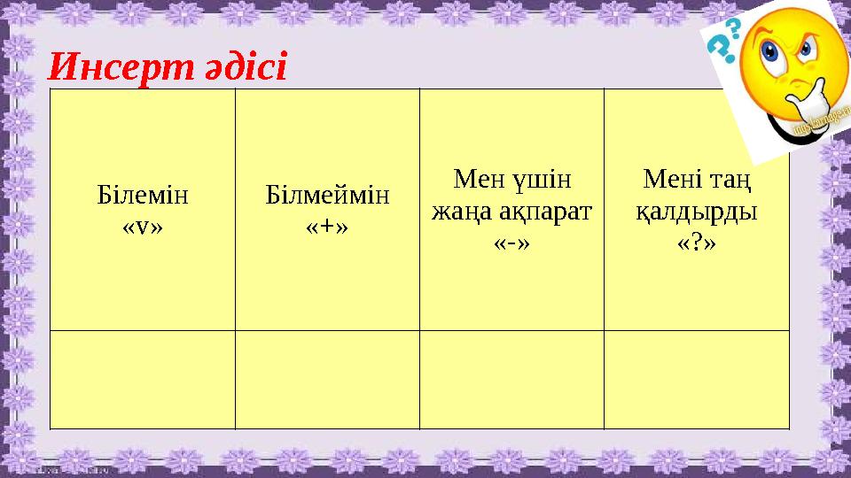 Білемін « v » Білмеймін « + » Мен үшін жаңа ақпарат « - » Мені таң қалдырды « ? »Инсерт әдісі