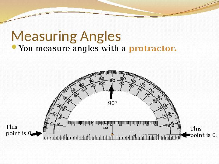 Measuring Angles You measure angles with a protractor. This point is 0 This point is 0. 90 0