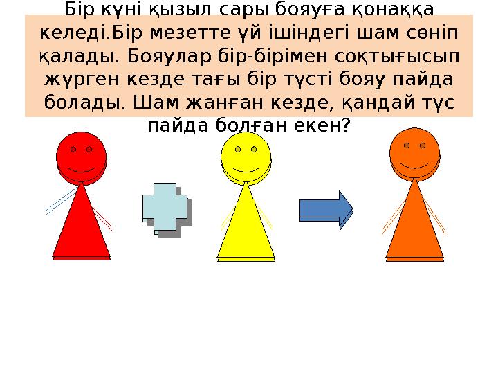 Бір күні қызыл сары бояуға қонаққа келеді.Бір мезетте үй ішіндегі шам сөніп қалады. Бояулар бір-бірімен соқтығысып жүрген кез