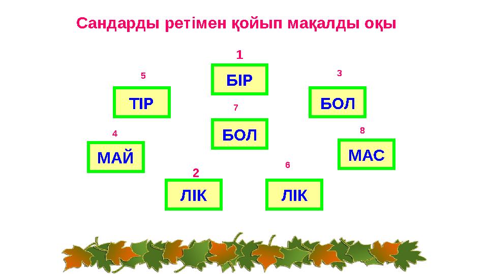 Сандарды ретімен қойып мақалды оқы БІР ТІР БОЛ БОЛ ЛІК ЛІК МАЙ МАС 1 2 3 4 5 6 7 8