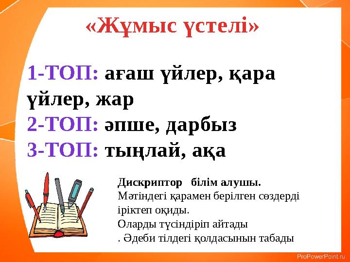 «Жұмыс үстелі» 1-ТОП: ағаш үйлер, қара үйлер, жар 2-ТОП: әпше, дарбыз 3-ТОП: тыңлай, ақа Дискриптор білім алушы. Мәтіндегі қа