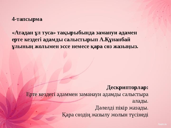 4-тапсырма «Атадан ұл туса» тақырыбында замануи адамен ерте кездегі адамды салыстырып А.Құнанбай ұлының жолымен эссе немесе қ