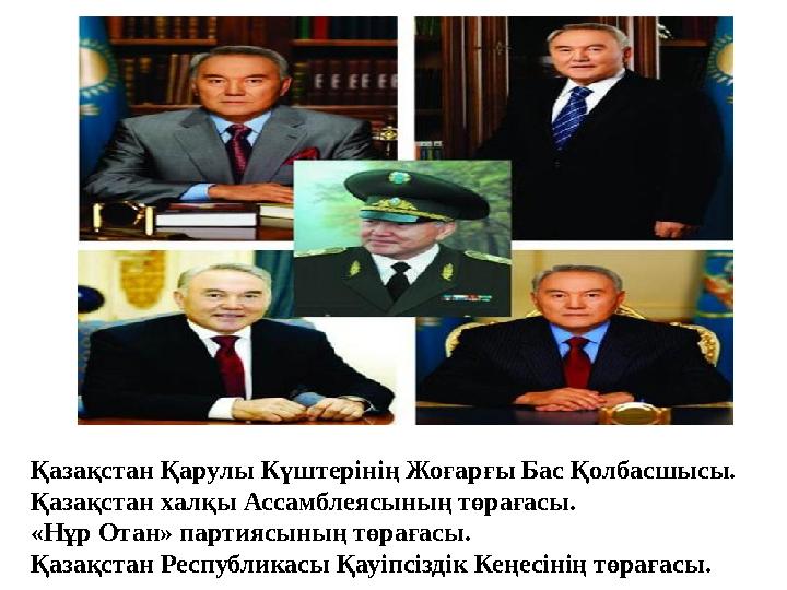 Қазақстан Қарулы Күштерінің Жоғарғы Бас Қолбасшысы. Қазақстан халқы Ассамблеясының төрағасы. «Нұр Отан» партиясының төрағасы. Қа