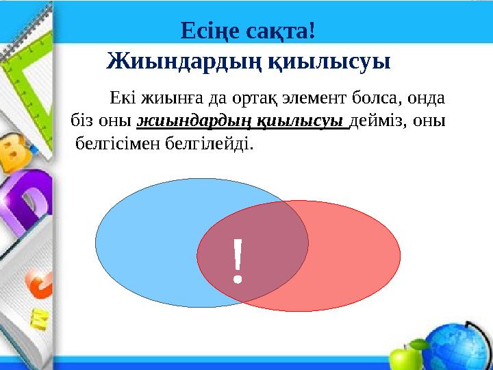 Есіңе сақта! Жиындардың қиылысуы Екі жиынға да ортақ элемент болса, онда біз оны жиындардың қиылысуы дейміз, оны