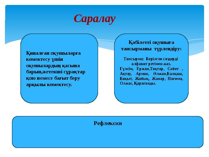 Саралау Қиналған оқушыларға көмектесу үшін оқушылардың қасына барып,жетекші сұрақтар қою немесе бағыт беру арқылы көмек