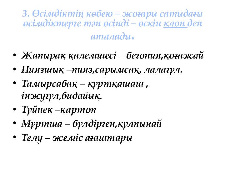 3. Өсімдіктің көбею – жоғары сатыдағы өсімдіктерге тән өсінді – өскін клон деп аталады . • Жапырақ қалемшесі – бегония,қоғаж