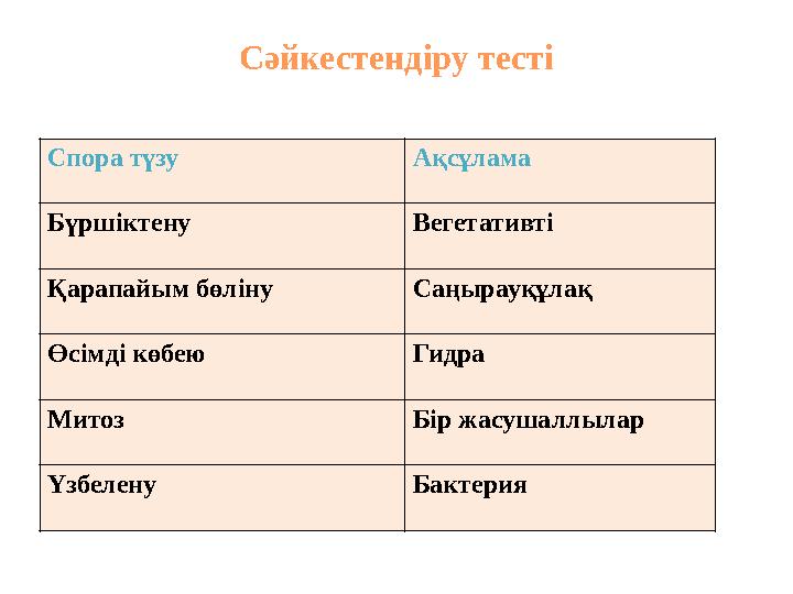 Сәйкестендіру тесті Спора түзу Ақсұлама Бүршіктену Вегетативті Қарапайым бөліну Саңырауқұлақ Өсімді көбею Гидра Митоз Бі