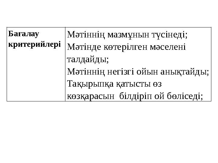 Бағалау критерийлері Мәтіннің мазмұнын түсінеді; Мәтінде көтерілген мәселені талдайды; Мәтіннің негізгі ойын анықтайды; Тақыр