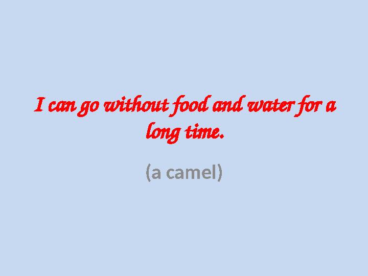I can go without food and water for a long time. (a camel)