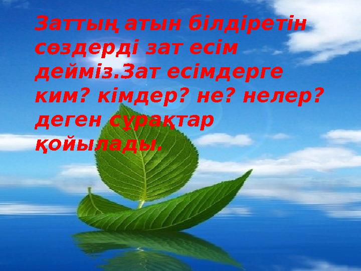 Заттың атын білдіретін сөздерді зат есім дейміз.Зат есімдерге ким? кімдер? не? нелер? деген сұрақтар қойылады.