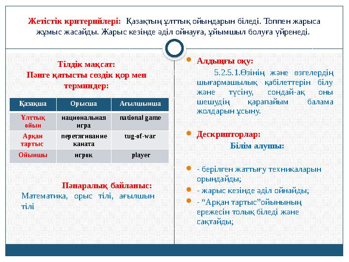 Қазақша Орысша Ағылшынша Ұлттық ойын национальная игра national game Арқан тартыс перетягивание каната tug-of-war Ойыншы