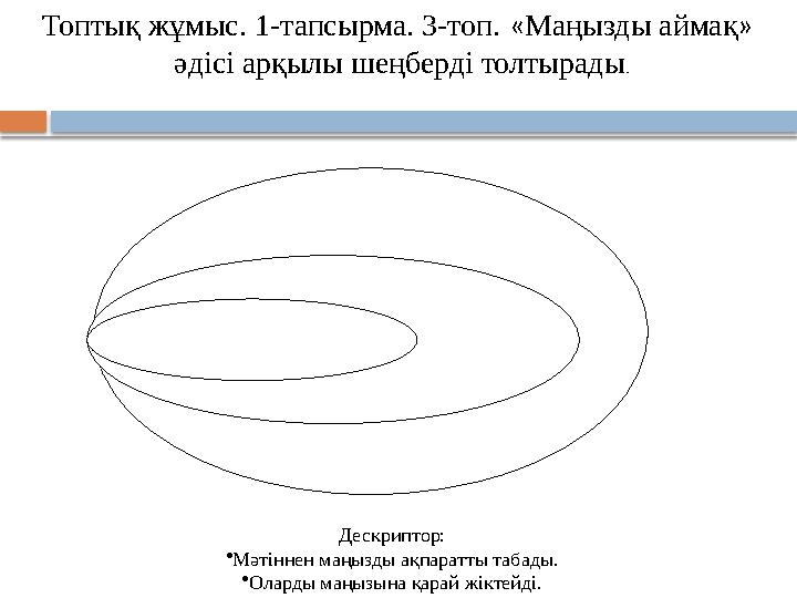 Топтық жұмыс. 1-тапсырма. 3-топ. « Маңызды аймақ » әдісі арқылы шеңберді толтырады . Дескриптор: • Мәтіннен маңызды ақпаратты