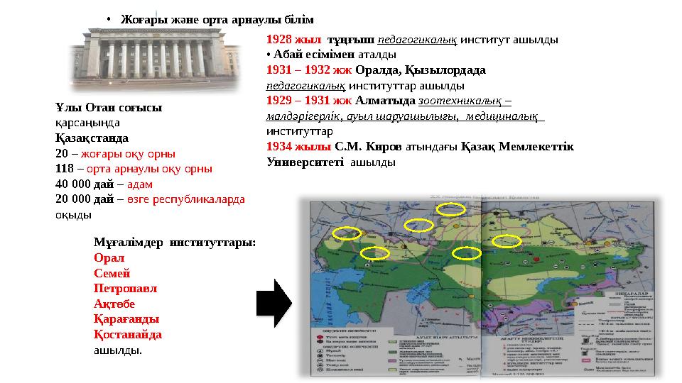 • Жоғары және орта арнаулы білім 1928 жыл тұңғыш педагогикалық институт ашылды • Абай есімімен аталды 1931 – 1932