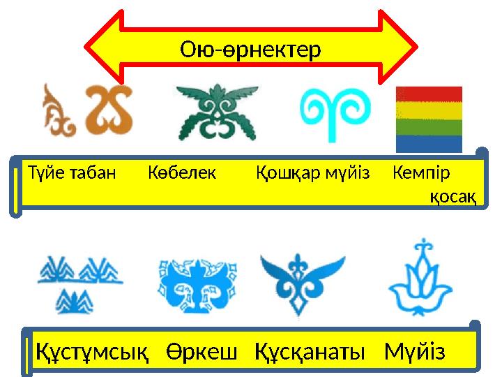 Тү табан Түйе табан Көбелек Қошқар мүйіз Кемпір қосақ Құстұмсық Өркеш Құсқанаты Мүйіз Ою-ө