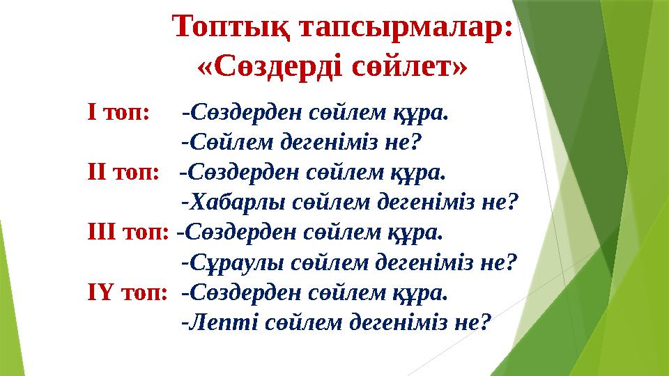 І топ: - Сөздерден сөйлем құра. -Сөйлем дегеніміз не? ІІ топ: - Сөздерден сөйлем құра. -Х