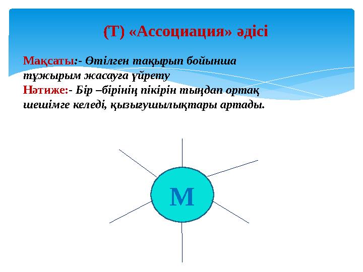 (Т) «Ассоциация» әдісі ММақсаты :- Өтілген тақырып бойынша тұжырым жасауға үйрету Нәтиже: - Бір –бірінің пікірін тыңдап ортақ