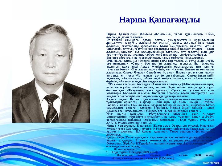 Нарша Қашағанұлы Нарша Қашағанұлы Жамбыл облысының Талас ауданындағы Ойық ауылында дүниеге келген. Әл-Фараби атындағы Қазақ Ұ