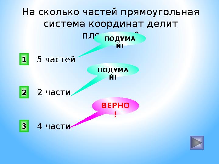 На сколько частей прямоугольная система координат делит плоскость? 1 2 3 ПОДУМА Й! ВЕРНО !ПОДУМА Й! 5 частей 2 части 4 части