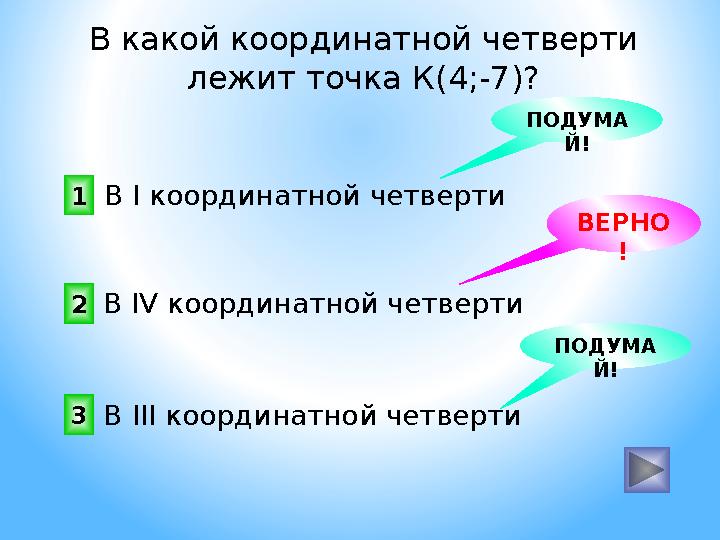 В какой координатной четверти лежит точка К(4;-7)? 1 2 3 ПОДУМА Й!ВЕРНО !ПОДУМА Й! В I координатной четверти В IV координат