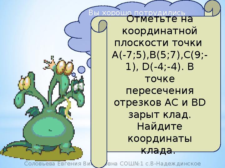 Вы хорошо потрудились и заслужили карту сокровищ, но расшифровать вам её придется самим. Отметьте на координатной плоскост