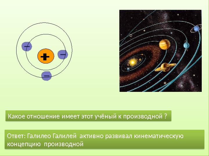 Какое отношение имеет этот учёный к производной ? Ответ: Галилео Галилей активно развивал кинематическую концепцию произв