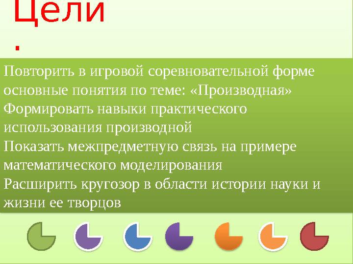 Цели : Повторить в игровой соревновательной форме основные понятия по теме: «Производная» Формировать навыки практического и