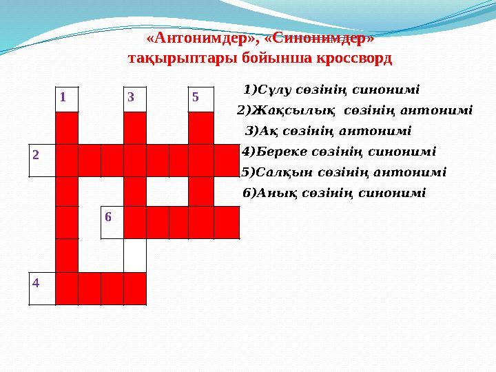 «Антоним дер », «Синоним дер » та қ ырыптары бойынша кроссворд 1 3 5 2 6 4 1)Сұлу сөзінің синонимі 2)Жақсылық сөзінің антонимі