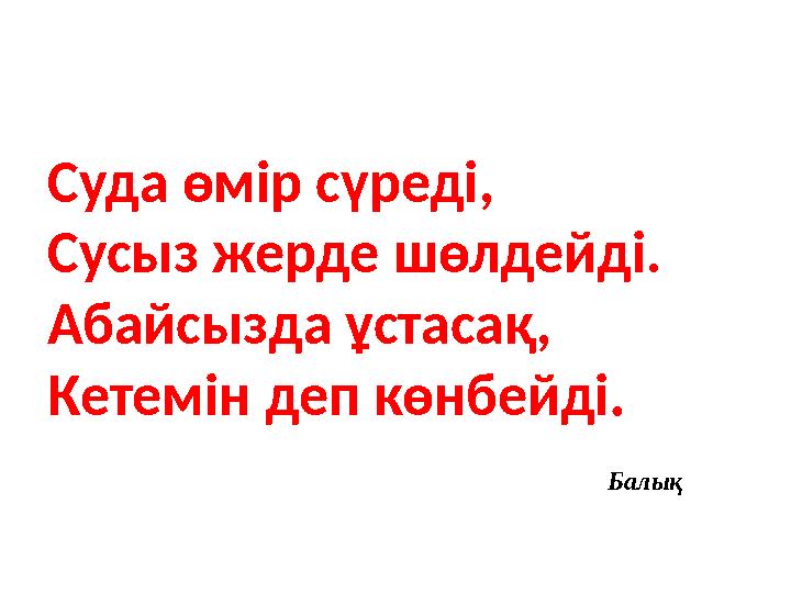 Суда өмір сүреді, Сусыз жерде шөлдейді. Абайсызда ұстасақ, Кетемін деп көнбейді .