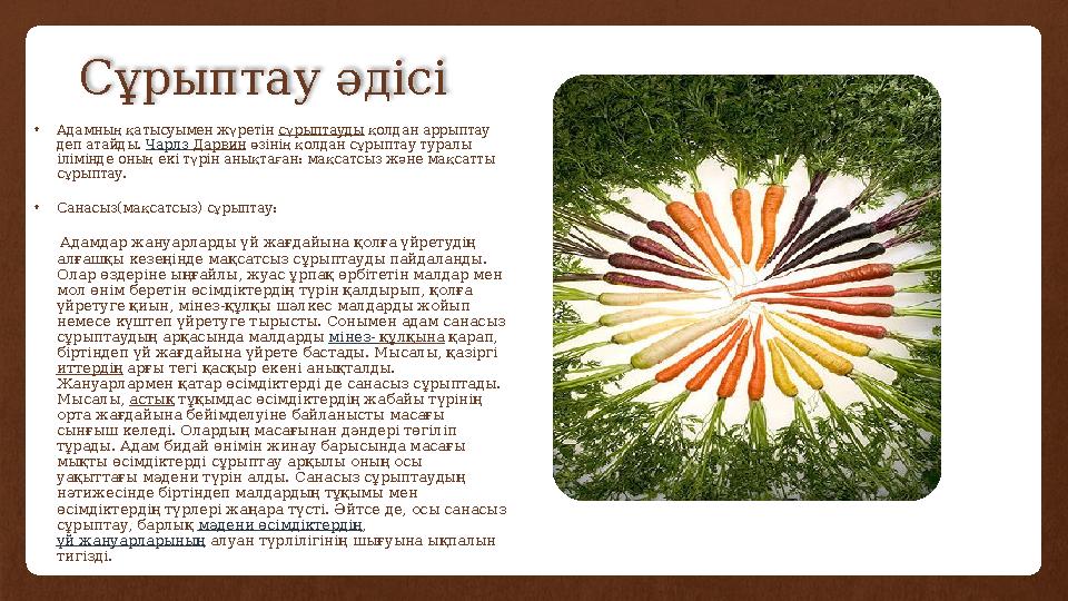 Сұрыптау әдісі •Адамның қатысуымен жүретін сұрыптауды қолдан аррыптау деп атайды. Чарлз Дарвин өзінің қолдан сұрыптау туралы